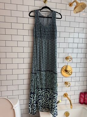 Ella Moss Navy and Mint Tiered Patterned Maxi Dress with Stretchy Smocked Bust